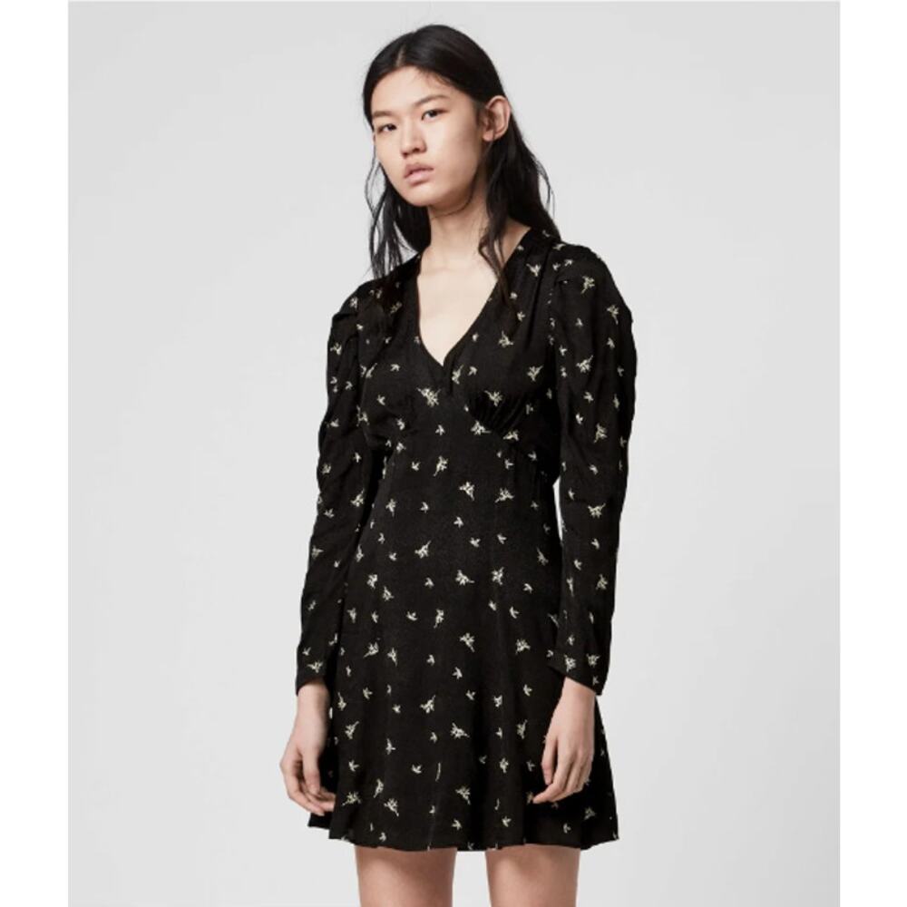 All Saints Rosi Bamboo Dress Mini Long‎ Puffed Sleeves Embroidered Vneck Black 4